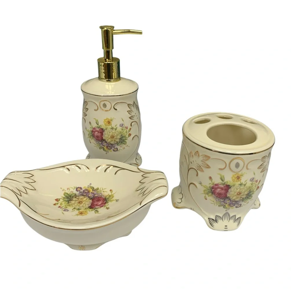 French Country‎ Bathroom 3 Piece Set Accessory Cream Floral Gold Vintage Style